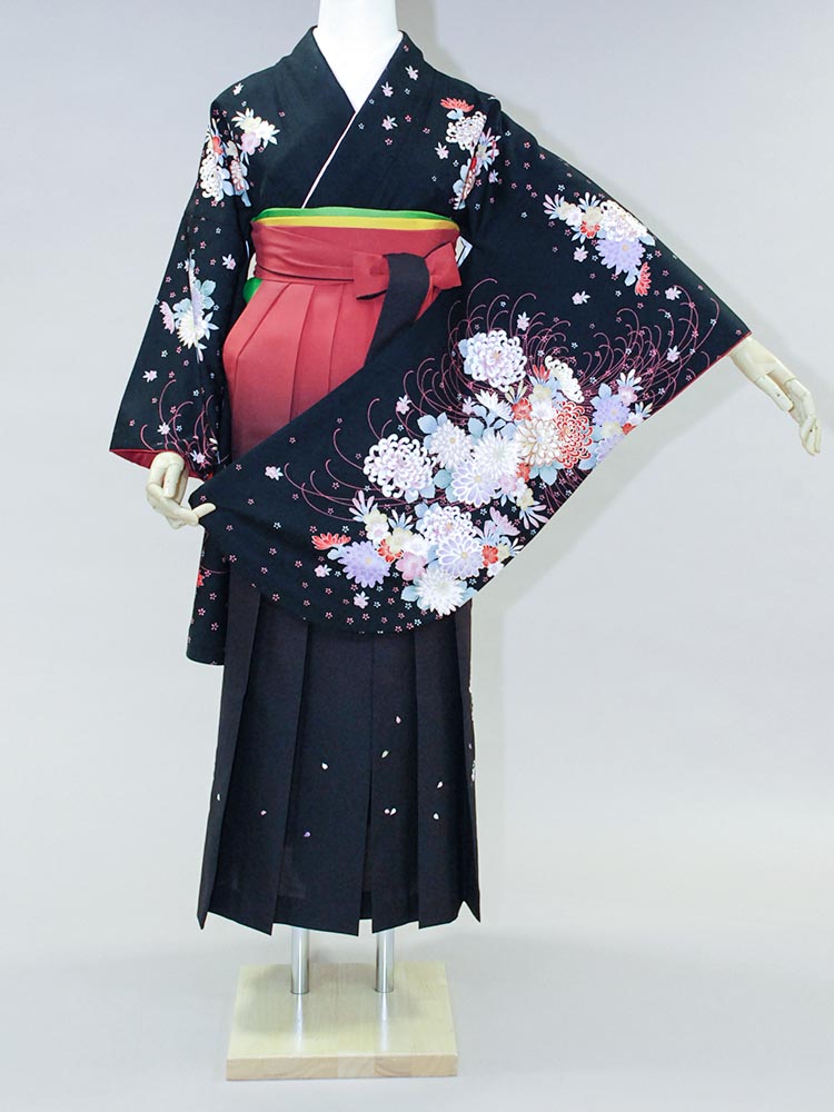 高級卒業式袴レンタル】an-001 黒地 糸菊と花々 サイズ 菊