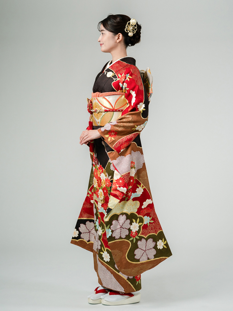 高級振袖レンタル】A-3 花 Lサイズ こげ茶｜KIMONO-PRO（キモノプロ