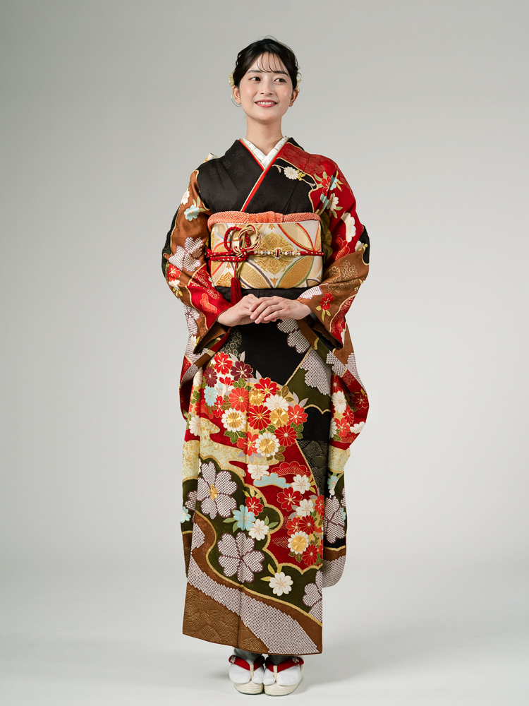 高級振袖レンタル】A-3 花 Lサイズ こげ茶｜KIMONO-PRO（キモノプロ