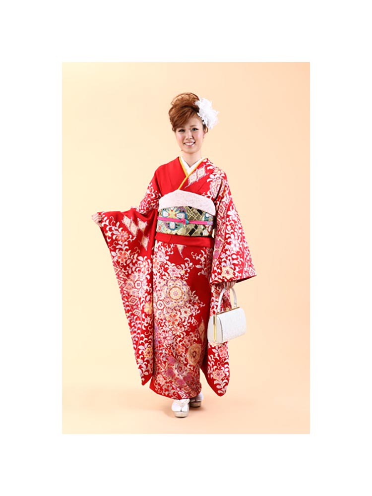 振袖 身長148-163cm 赤 re-032 さがの館の振袖 /赤色/古典/梅柄/ 新関碧_赤地矢羽に捻り梅