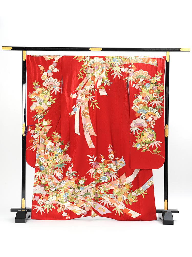 吉澤織物の高級振袖レンタル（赤色）】品番K-22・松竹梅・熨斗柄