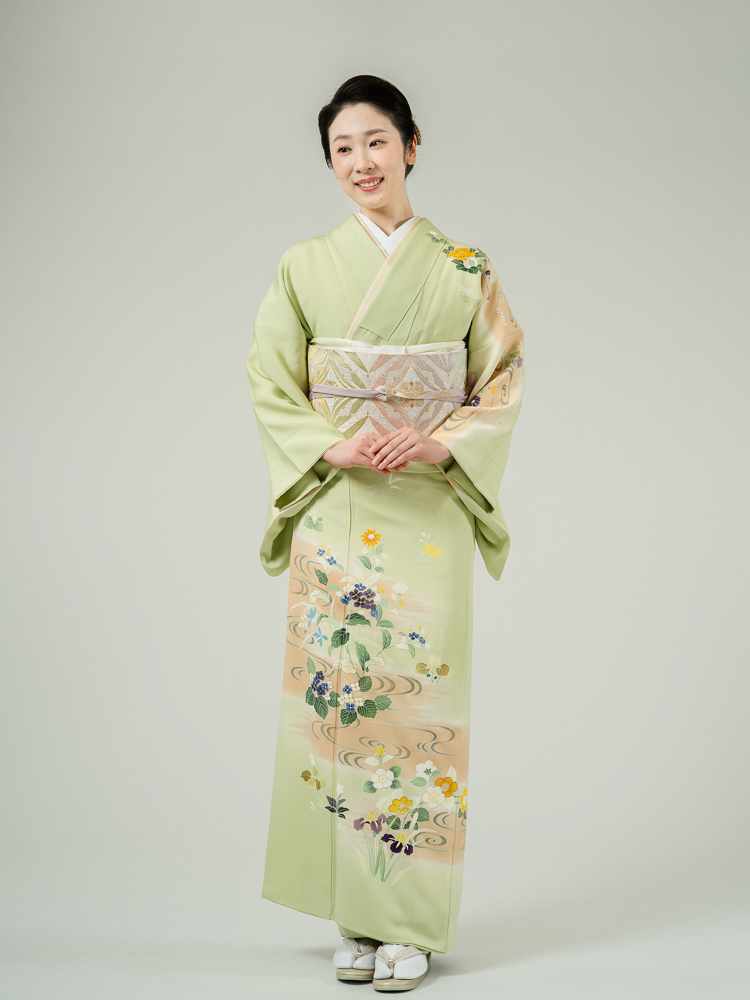 高級訪問着レンタル】h-430 黄緑 四季の花 MLサイズ 四季の花｜KIMONO