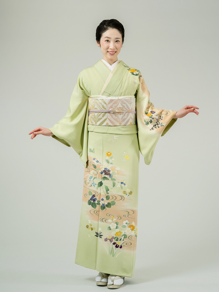高級訪問着レンタル】h-430 黄緑 四季の花 MLサイズ 四季の花｜KIMONO