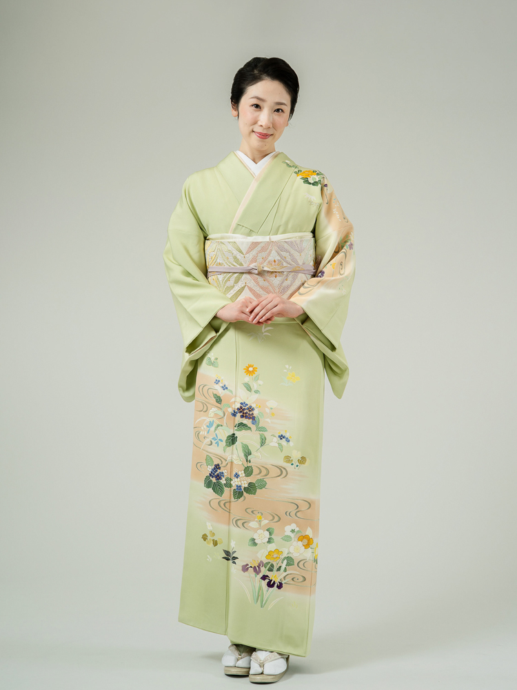 高級訪問着レンタル】h-430 黄緑 四季の花 MLサイズ 四季の花｜KIMONO