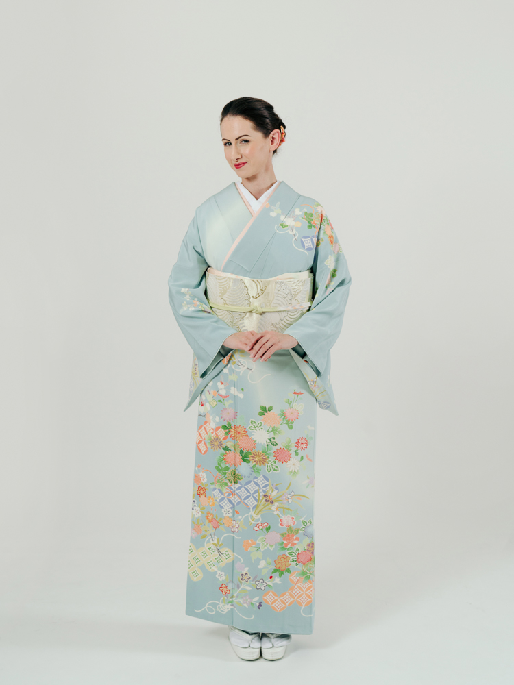 結婚式・卒業式向けの訪問着レンタル】水色地の京友禅・サイズML・品番