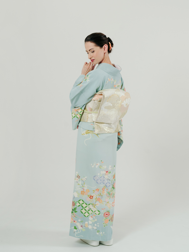 結婚式・卒業式向けの訪問着レンタル】水色地の京友禅・サイズML