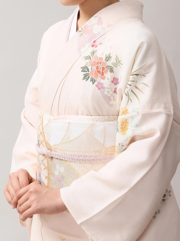 高級訪問着レンタル】n-11 盛夏 ピンクベージュ MLサイズ 花々｜KIMONO