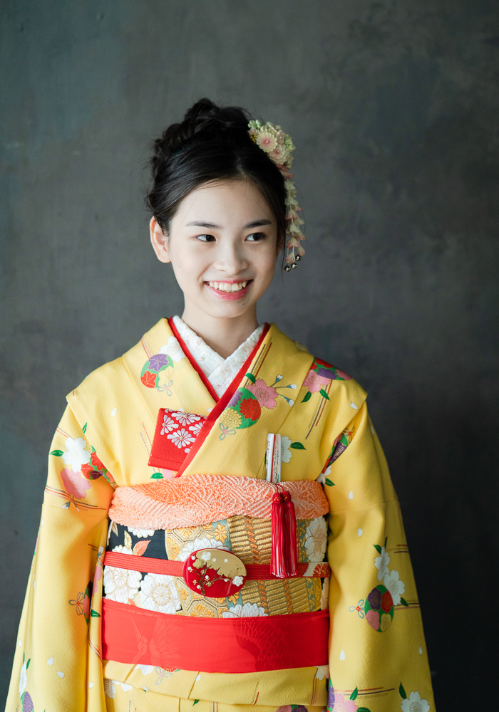 十三参り女の子の高級着物レンタル】黄色(イエロー）・玉かんざしと桜