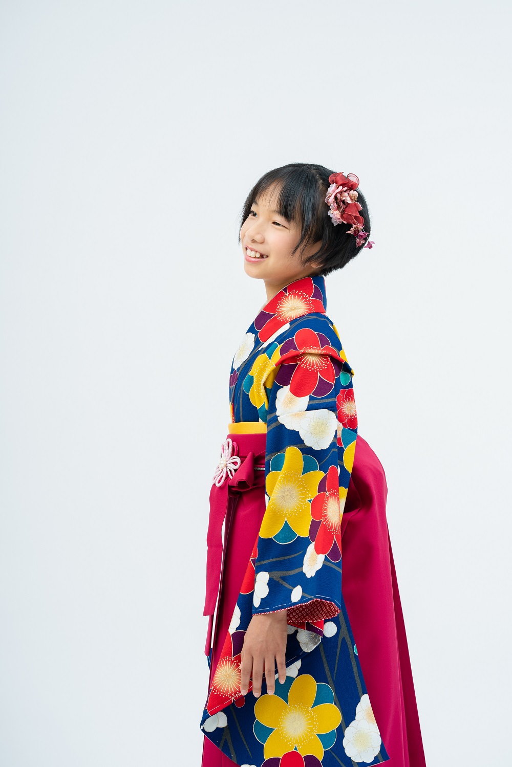 小学生卒業式袴レンタル】紺色 花柄 ポリエステル 二尺袖 （品番：S