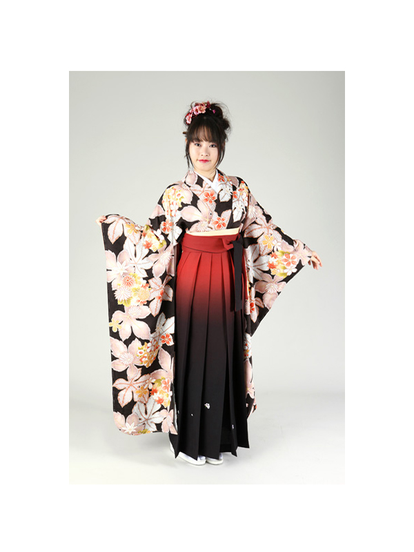 高級卒業式袴レンタル】FU-6 黒地 葉と花柄 サイズ 葉・花柄｜KIMONO 