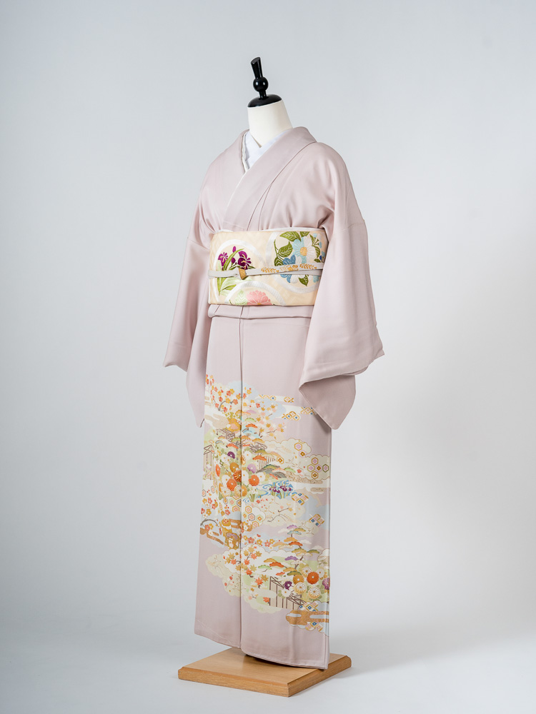 色留袖　辻ヶ花　幻想的　熨斗　雪輪　椿　藤　パープル　着物　054a d 色留袖 辻ヶ花 幻想的 熨斗 雪輪 椿 藤 パープル 着物 054a d 花