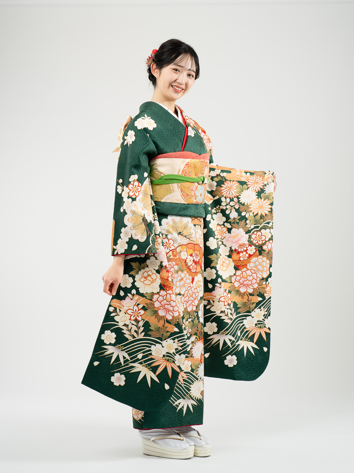 着物　総絞り　緑　グリーン　花模様　波模様　正絹　5K4-6 楽天市場】総絞り 訪問着の通販