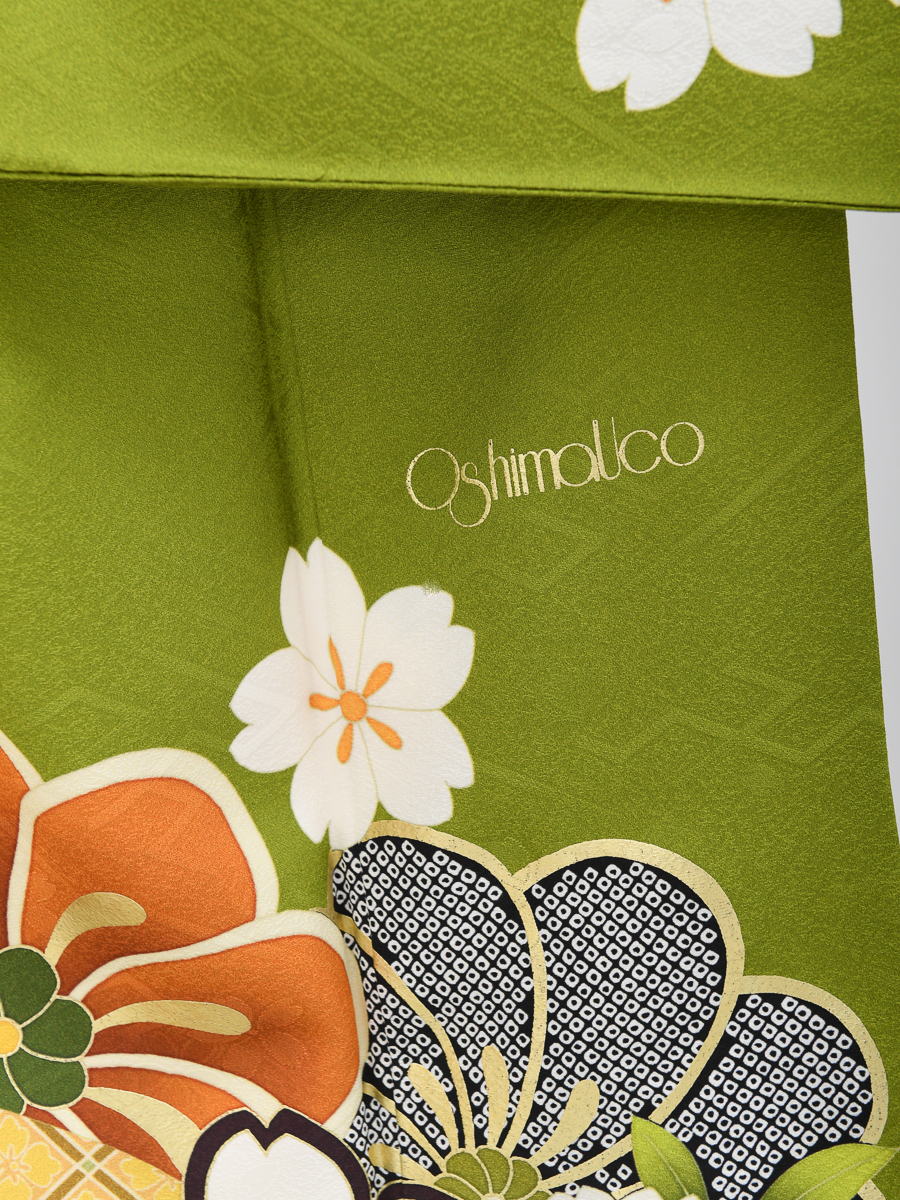 大島優子モデルの京友禅振袖レンタル】抹茶色・大胆な花柄・LLサイズ