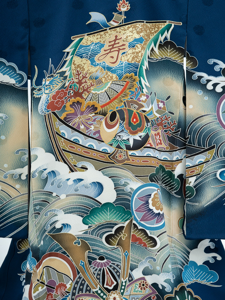 高級お宮参りレンタル】MD-1 男の子用産着 青 宝船 サイズ 宝船