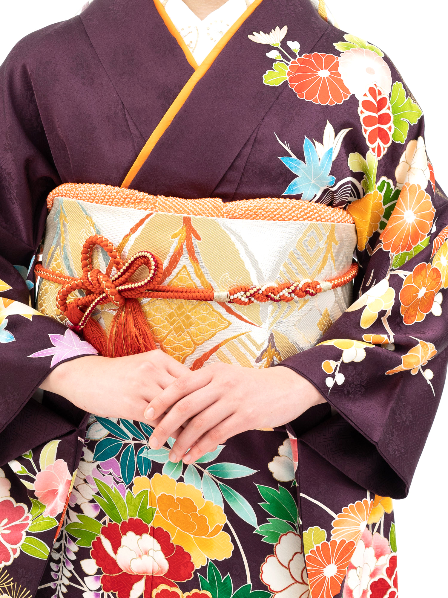 最高級の京友禅振袖レンタル】古典柄の花尽くし Mサイズ 濃紫色・品番