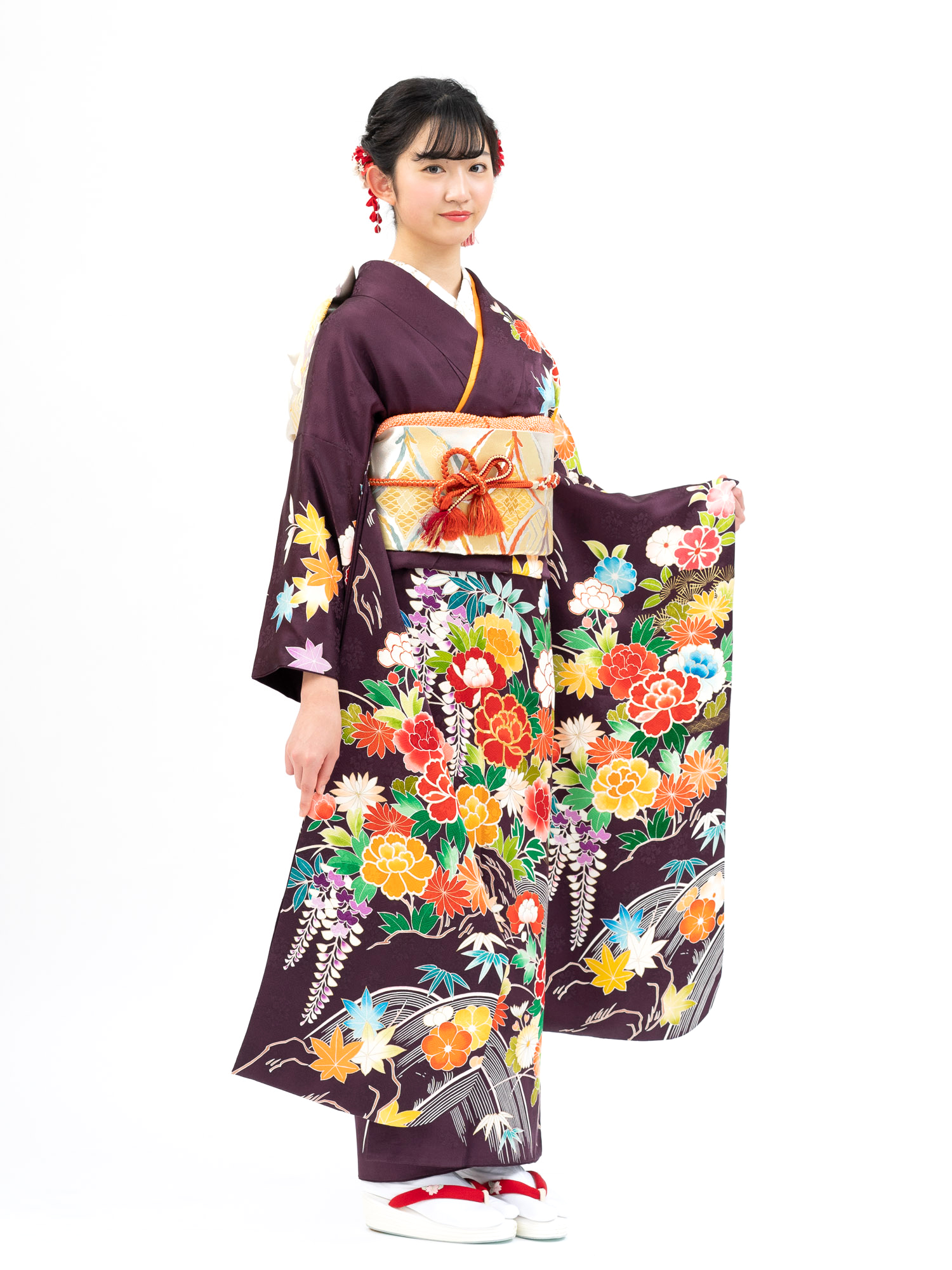 最高級の京友禅振袖レンタル】古典柄の花尽くし Mサイズ 濃紫色・品番