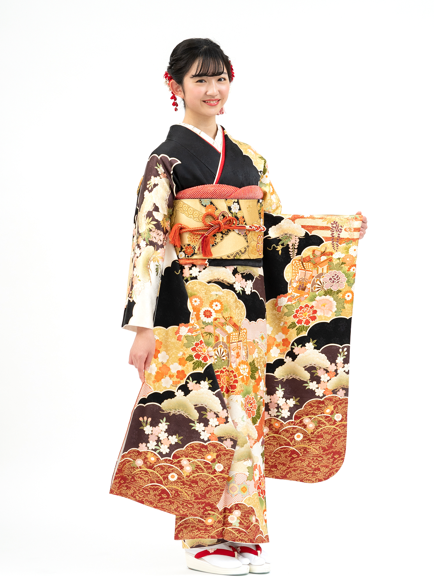 豪華振袖フルセット(7点)・古典柄・絞り・エンボス加工 プレミアム古典 逸品本疋田総絞り 黒 高級振袖 大人っぽい 人と