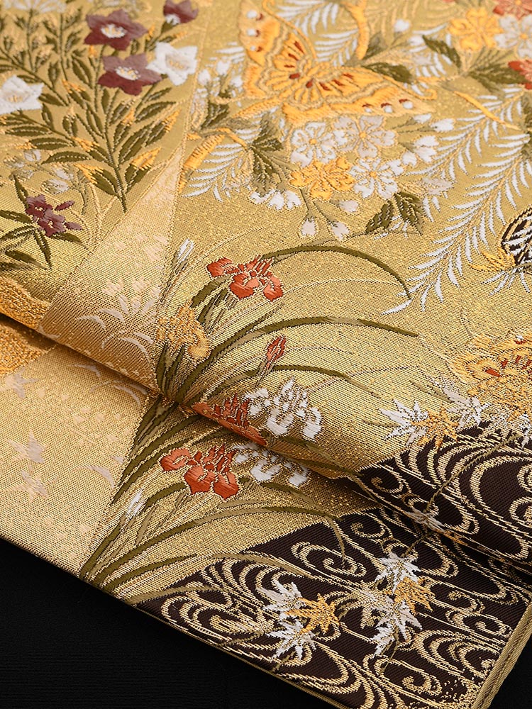 高級帯レンタル】obi-23-207 加納幸謹製 琳派に蝶柄 金 サイズ 琳派に