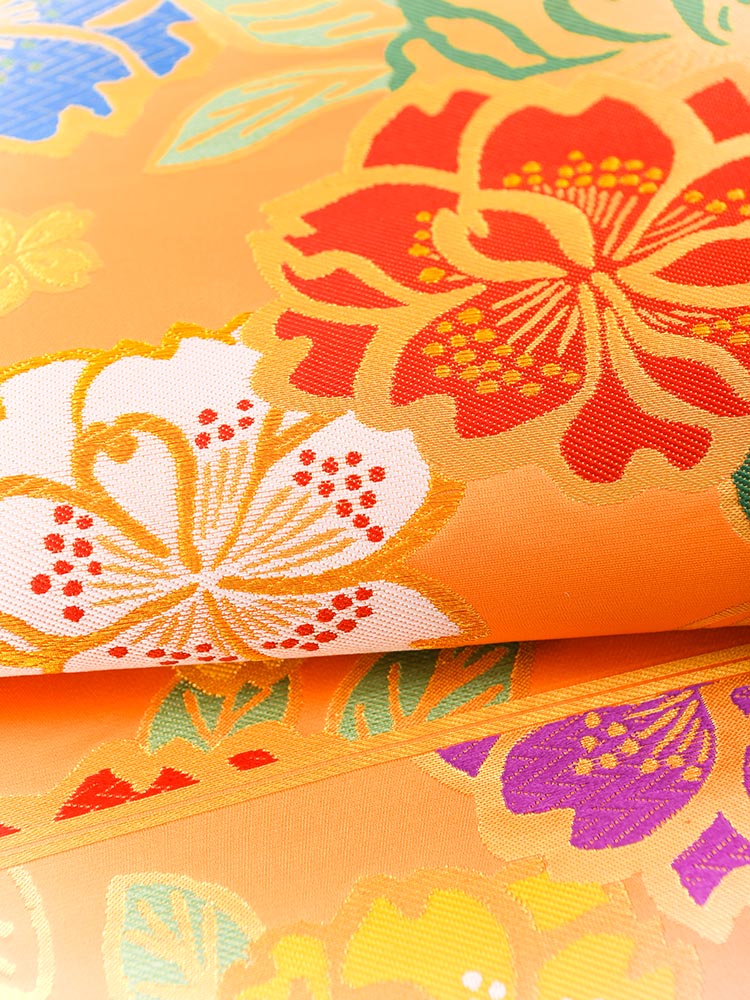 高級振袖帯レンタル】obi-24-508 西陣織・オレンジ色ベースの桜柄