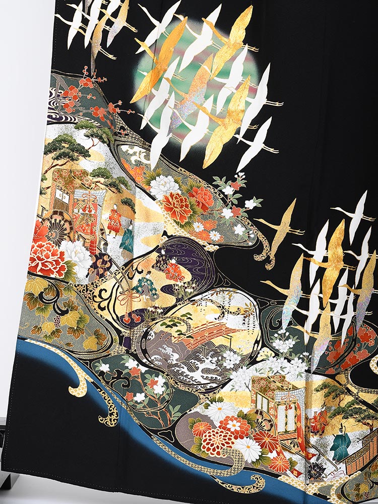 D964 黒留袖 山本寛斎 鶴 波 桜 金駒刺繍 正絹 着物 袷 極美品 D964 黒