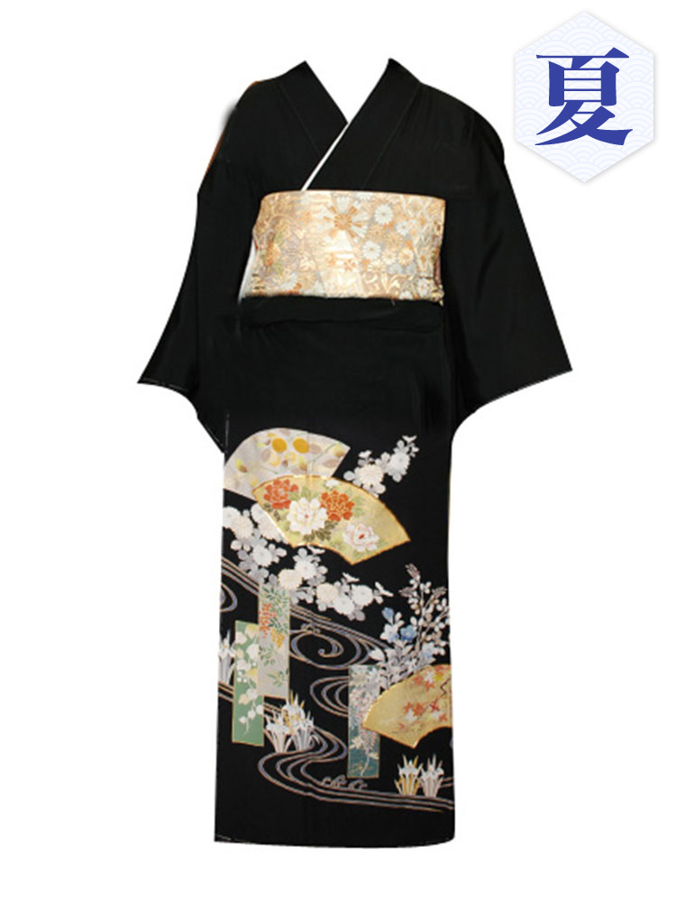 黒留袖　夏用　絽　作家もの　友禅　牡丹　菊花　松竹梅　着物　042a p 黒留袖 夏用 絽 作家もの 友禅 牡丹 菊花 松竹梅 着物 042a p