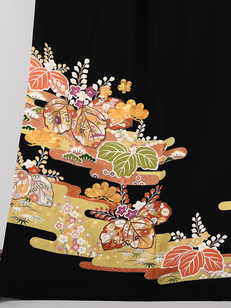 はなくま✾m499＊金駒刺繍 御所車 花車 扇子 牡丹 着物 振袖単品 はなくま✾m499＊金駒刺繍 御所車 花車 扇子 牡丹 着物 振袖単品