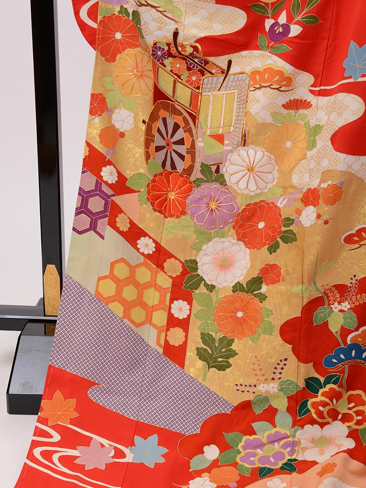 ◎mk-1236 引き振袖 お引きずり 身丈177 ちりめん 絹 8-6 高級な赤い